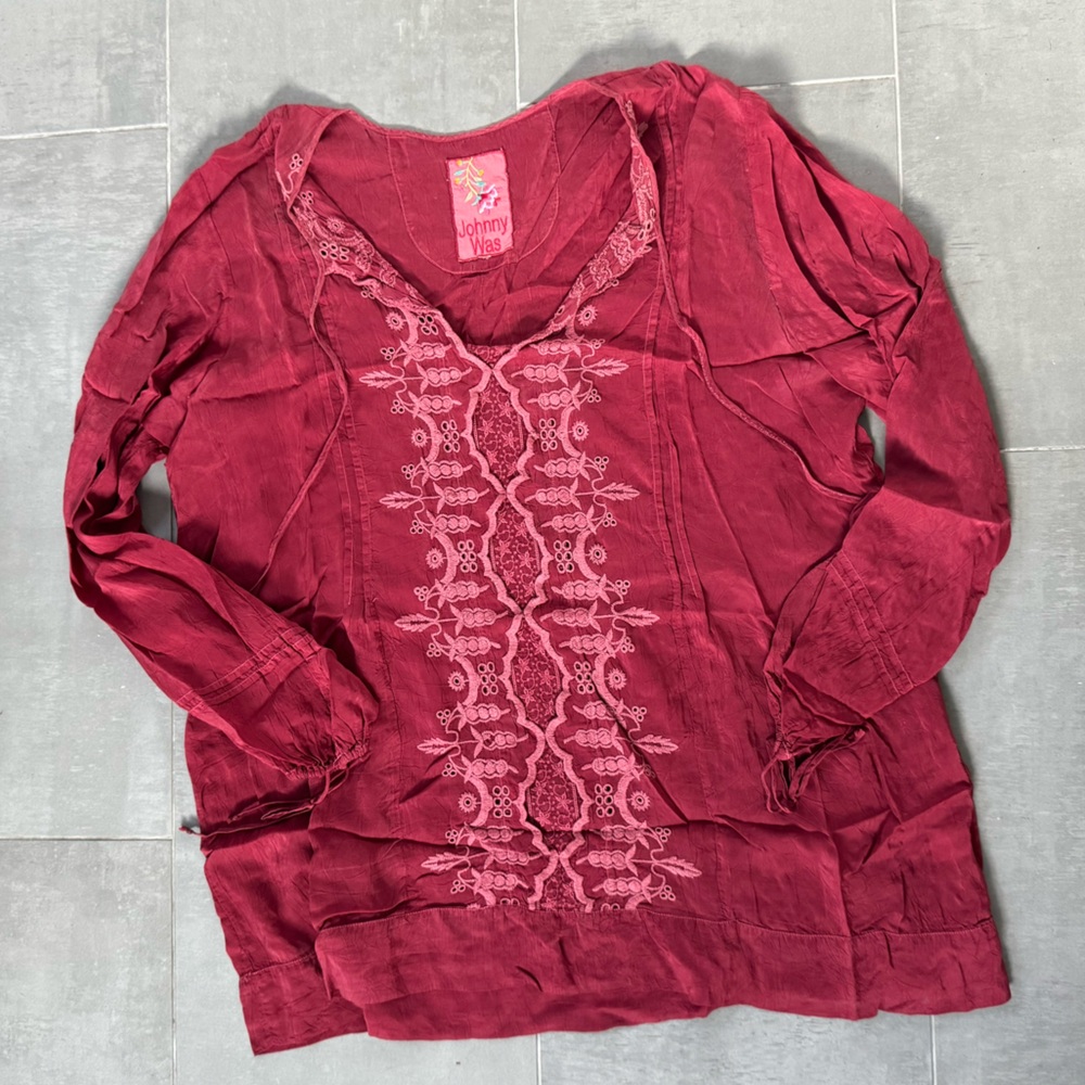 Johnny Was Crimson Embroidered Top